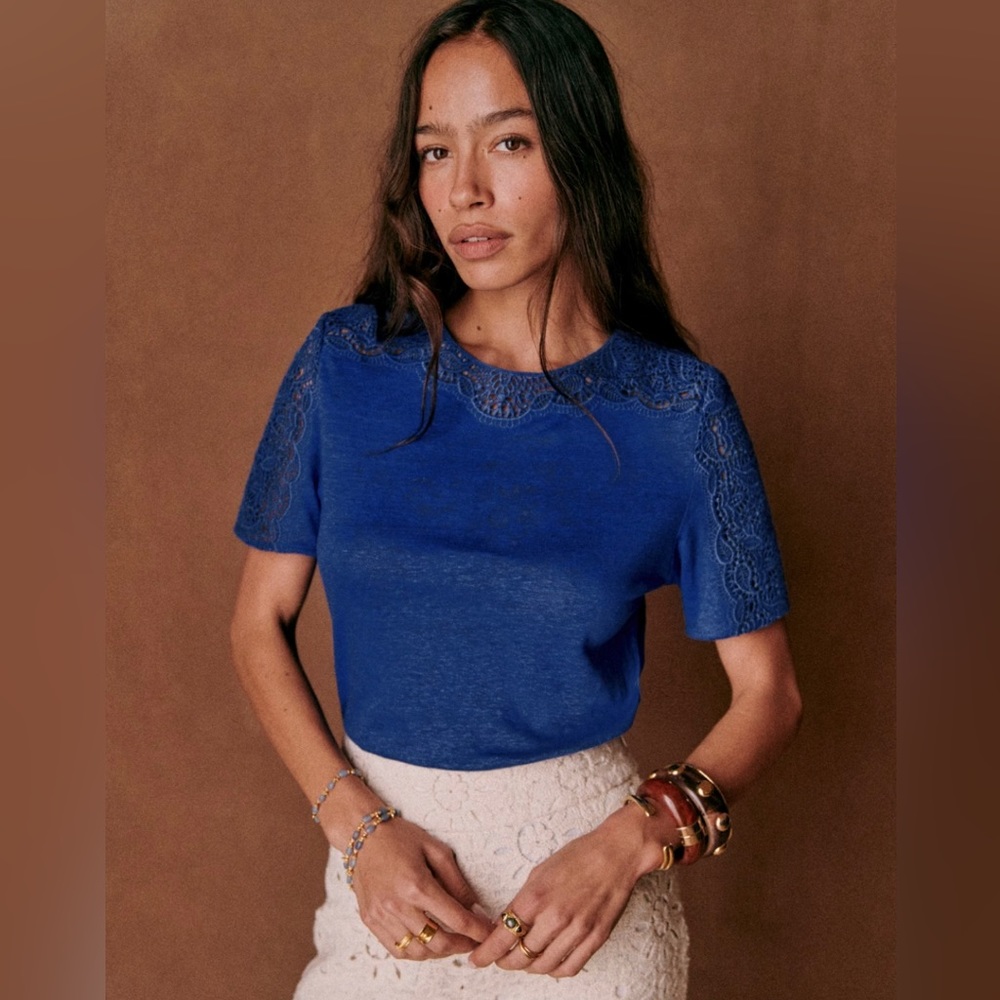 Sezane Lorena Linen T-Shirt Electric Blue XS NWT